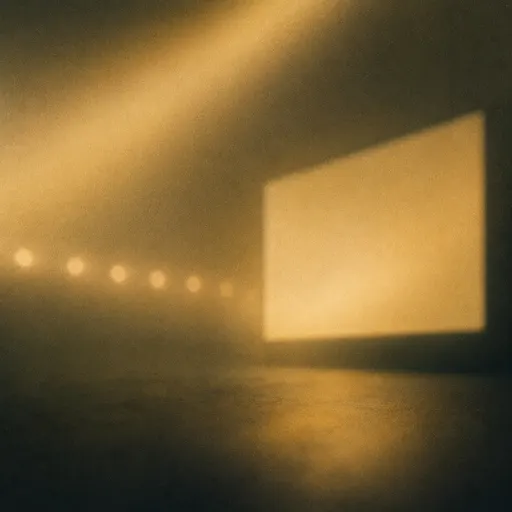 An empty presentation screen lit in a dark room